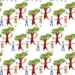Fototapeta premium A boy and a girl greet a tree and holding hands. Seamless background pattern.