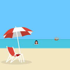 Young woman swims in the sea on vacation on vacation. Cartoon flat design, vector illustration