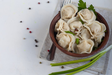 Boiled dumplings with feathers of green onions. In the background are greens, red peppers and bay leaves. In a transparent bowl sour cream.