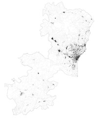 Satellite map of Province of Catania towns and roads, buildings and connecting roads of surrounding areas. Sicily region, Italy. Sicilia. Map roads, ring roads