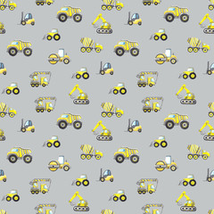 Watercolor construction machinery seamless pattern with truck, excavator, concrete mixer, road roller, forklift, truck crane, scrapper, Builder, drill, construction tools. Children's cars