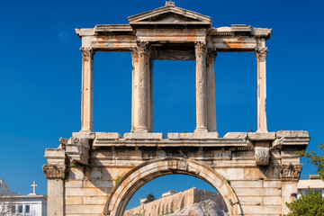 Arch of Olympian Zeus temple and the Acropolis in Athens, Greece.