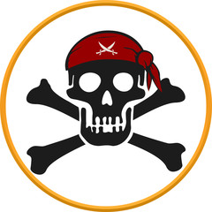 Pirate circular emblem with text, skull and bones.
