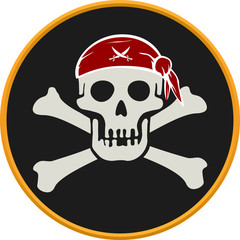 Pirate circular emblem with text, skull and bones.