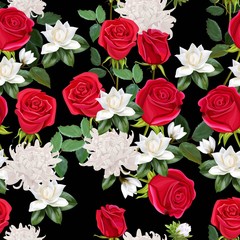 Flower beautiful bouquet with red roses ,chrysanthemum and magnolia seamless pattern vector illlustration