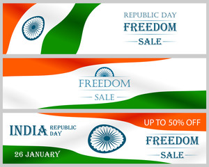 Panoramic background for freedom sale on Republic or Independence Day of India. Billboard, banner, unit with special offer and discount for advertising. Vector illustration of Indian tricolor, flag.