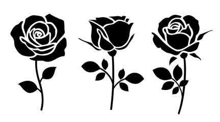  Set of decorative rose with leaves. Flower silhoutte. Vector illustration - obrazy, fototapety, plakaty