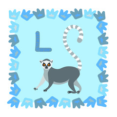 Lemur in a frame of crowns. Animal lemur in modern flat style with big L letter. Animal character design isolated on light blue background. 