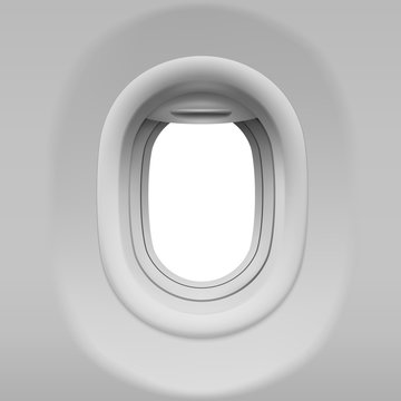 Aircraft window. Realistic airplane porthole with open shade. Vector template of plane interior illuminator with white background outside