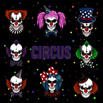 Set of vector images of skulls clowns. Clowns in wigs, hats, jabot. Evil clowns.