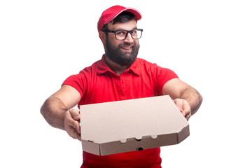 man with a beard holds a box of pizza