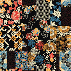 Traditional Japanese textile fabric patchwork wallpaper  abstract floral vector seamless pattern