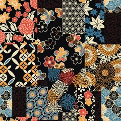 Gordijnen Traditionele Japanse textiel stof lappendeken behang abstract floral vector naadloze patroon © PrintingSociety
