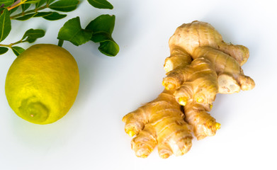 Naklejka na ściany i meble doctor ginger and fresh organic lemon, healthy diet, vitamins and minerals throughout the year magical healing effects of these fantastic citrus and roots turmeric miracle of nature and source 
