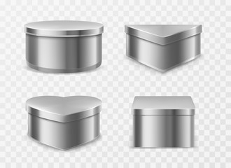 Metal tin boxes for coffee, tea or candies. Vector realistic mockup of round, square, triangle and heart shape cans for packaging dry products, biscuits and sweets isolated on transparent background