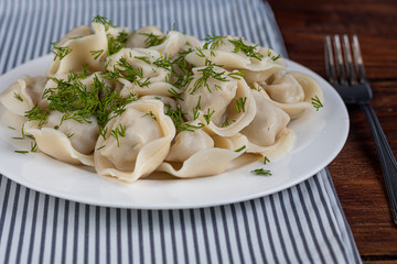 Boiled dumplings with feathers of green onions. In the background are greens, red peppers and bay leaves. In a transparent bowl sour cream.