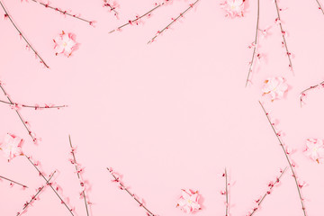 Beautiful flowers composition. Pink flowers on pastel pink background. Valentines Day, Easter, Birthday, Mother's day. Flat lay, top view, copy space