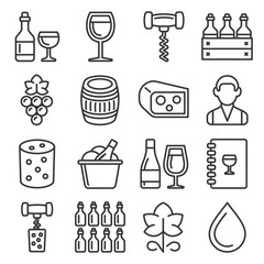 Wine Icons Set on White Background. Line Style Vector