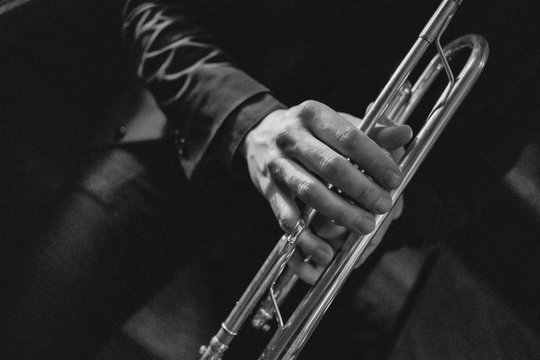 Close up of man playing trumpet