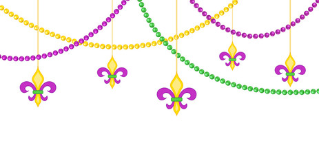 Mardy gras border with beads isolated on white background