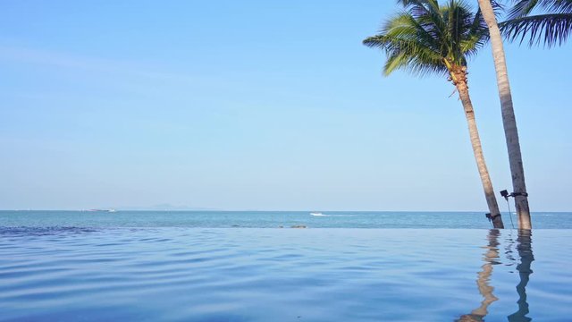 Direct view of the ocean horizon from the edge of a resort infinity pool. Copy space