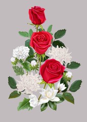 Flower beautiful bouquet with red roses ,chrysanthemum and magnolia vector illlustration