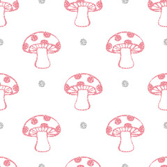 seamless pink glitter mushroom with silver dot glitter pattern on white background