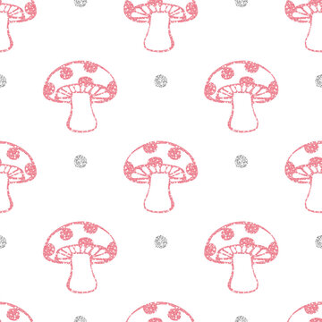 seamless pink glitter mushroom with silver dot glitter pattern on white background