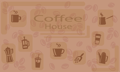 Coffee house design poster, coffee cups and pots, vector background.