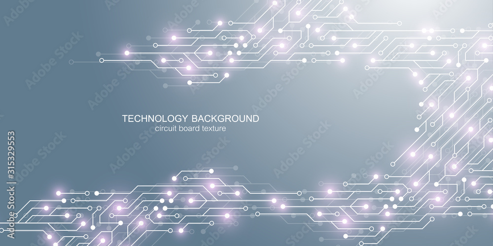 Poster Computer motherboard vector background with circuit board electronic elements. Electronic texture for computer technology, engineering concept. Motherboard computer generated abstract illustration