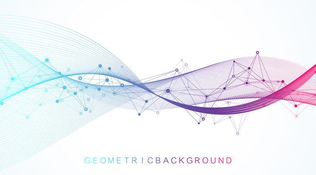 Digits abstract background with connected line and dots, wave flow. Digital neural networks. Network and connection background for your presentation. Graphic polygonal background. Vector illustration.