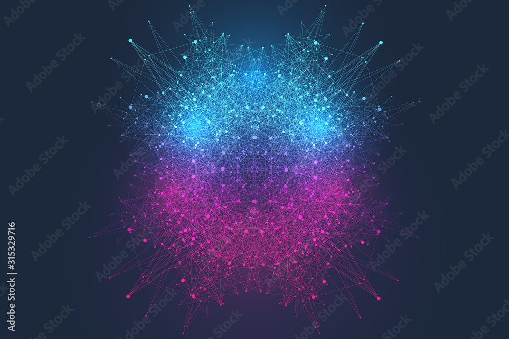 Aufkleber Scientific vector illustration quantum computer technology. Plexus fiction effect. Deep learning artificial intelligence. Big data algorithms visualization. Quantum explosion background.