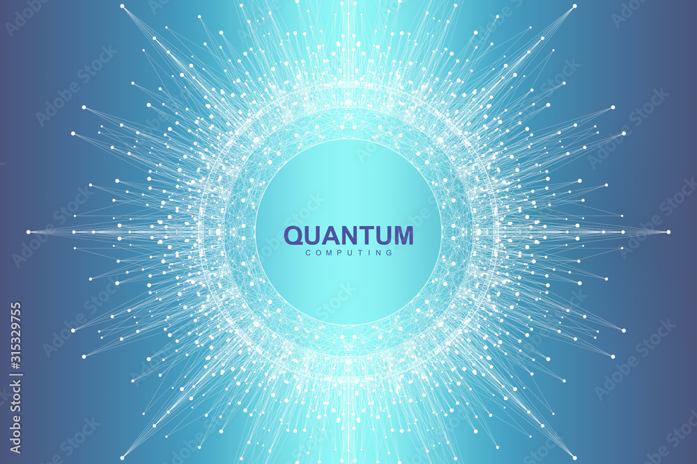 Poster Scientific vector illustration quantum computer technology. Plexus fiction effect. Deep learning artificial intelligence. Big data algorithms visualization. Quantum explosion background.