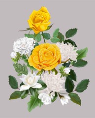 Flower beautiful bouquet with yellow roses ,chrysanthemum and magnolia vector illlustration