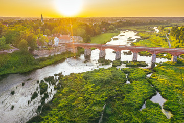 Drone aerial view of Rumba waterfall in Latvia