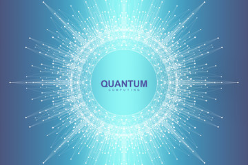 Scientific vector illustration quantum computer technology. Plexus fiction effect. Deep learning artificial intelligence. Big data algorithms visualization. Quantum explosion background. © BAIVECTOR