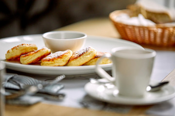 breakfast in the cafe, pancakes and coffee