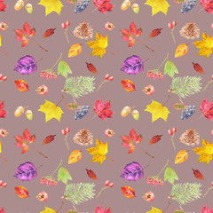 Autumn colors elements watercolor hand drawn  seamless pattern isolated on brown background.  Repeat print for wallpaper, fabric, wrapping paper, invitations, card, menu etc.