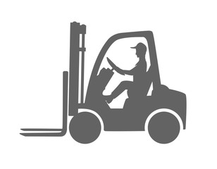 forklift with driver sign.black and white line, flat design.vector image isolated on white.