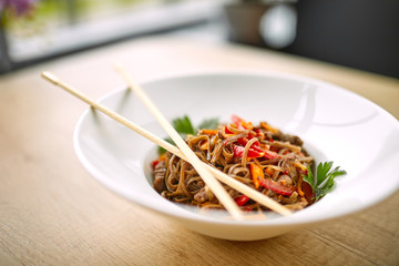 Stir fry noodles soba with beef