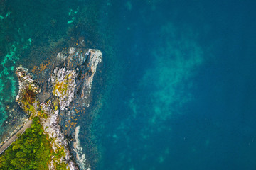 Plakat Drone aerial view of blue Norway fjord water