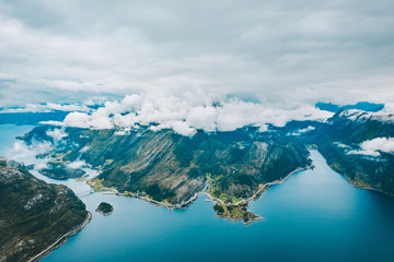 Drone aerial view of Hornelen - highest sea cliff in Europe