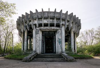 Abandoned pump-room building in Tsimlyansk, Russia, Soviet modernism era brutalism style
