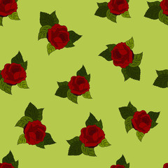 Seamless pattern with  red roses on a beige backdrop, vector illustration. Perfect for background greeting cards and invitations of the wedding, birthday, Valentine's Day, Mother's Day.