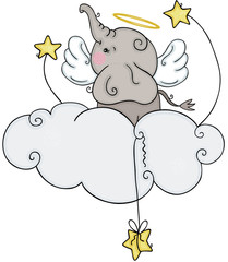 Cute angel elephant flying on cloud with stars