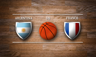 Basketball Match schedule, Argentina vs France, flags of countries and basket ball - 3D Rendering