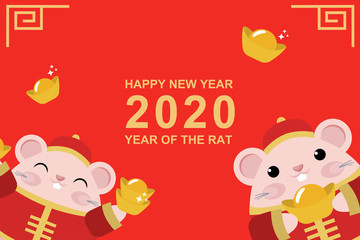 Happy Chinese New Year 2020 Year of The Rat Banner Design.Little cute rat in red costume cartoon vector