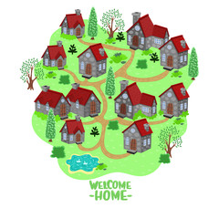 The emblem of the cottage village. Vector graphics.