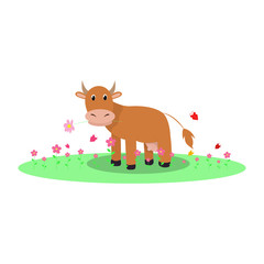Obraz na płótnie Canvas Rural farm with a cow in the meadow. Vector cartoon Spring or Summer landscape.