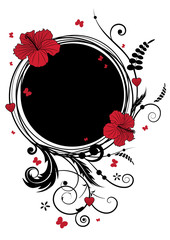 valentine vector floral frame with flowers of hibiscus, butterflies and hearts in black and red colors